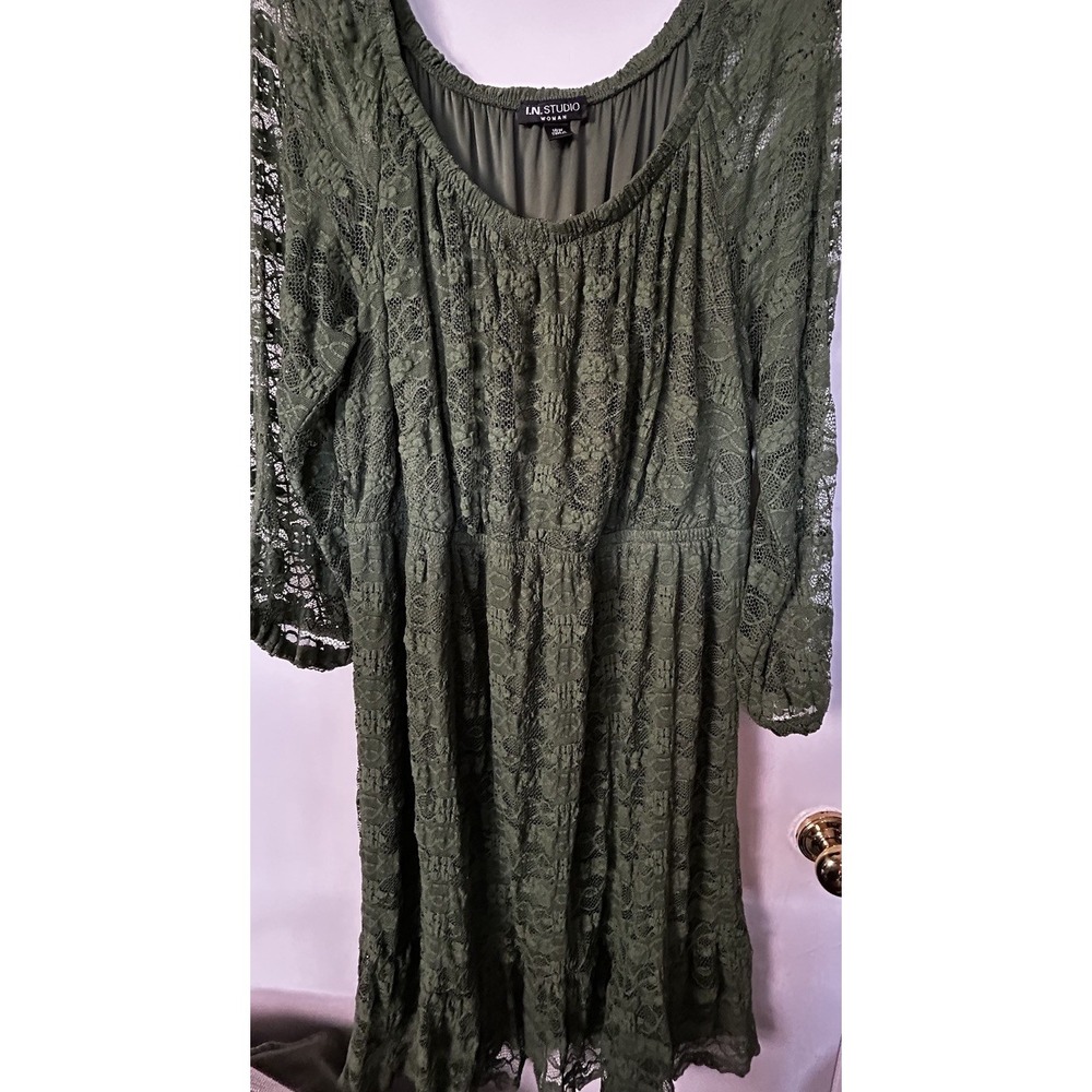 I.N. Studio ladies midi to long lace olive green dress peasant stretch gathered